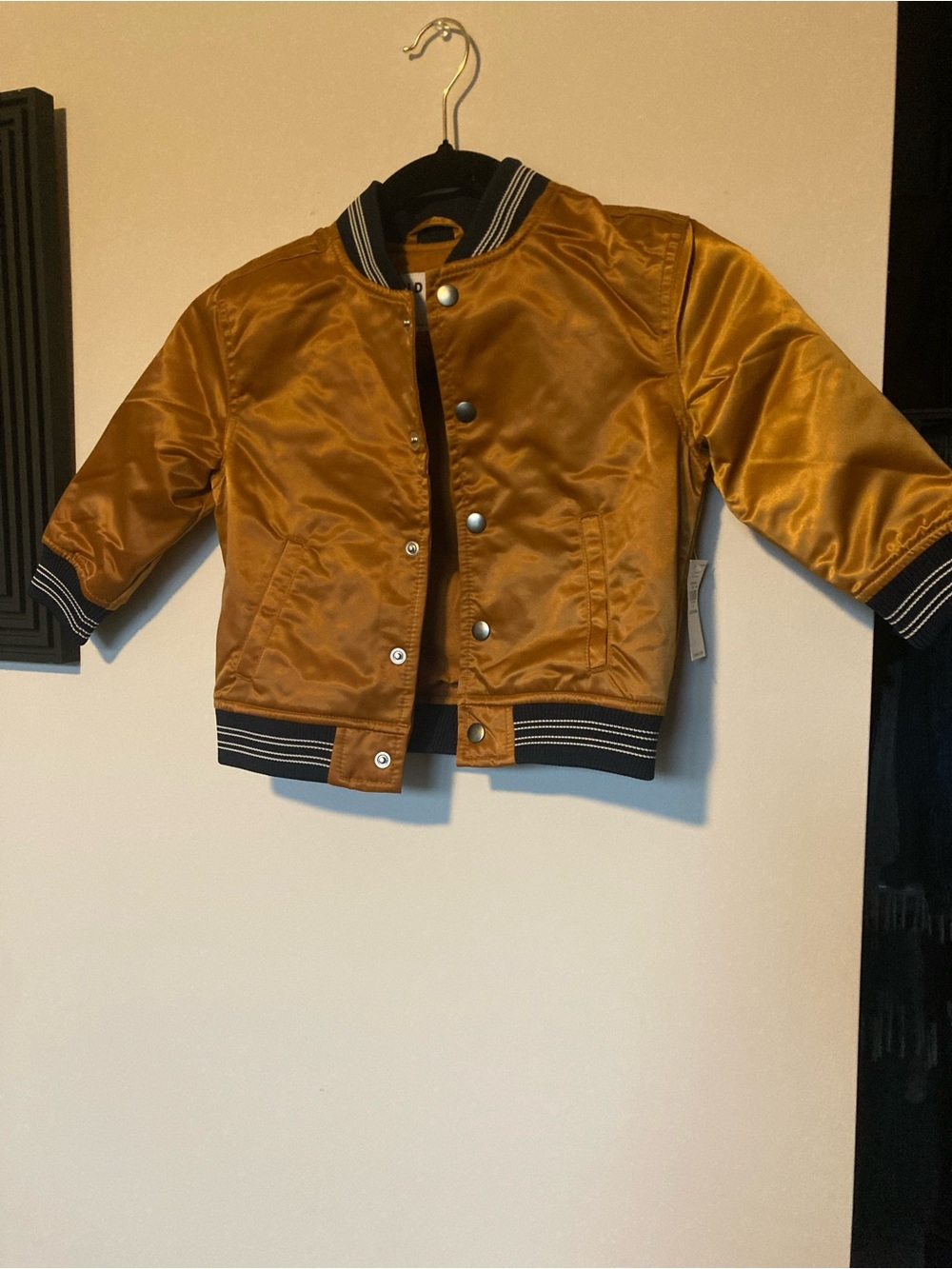 NWT Kids' Satin Bomber Jacket - Mustard Brown with navy trim